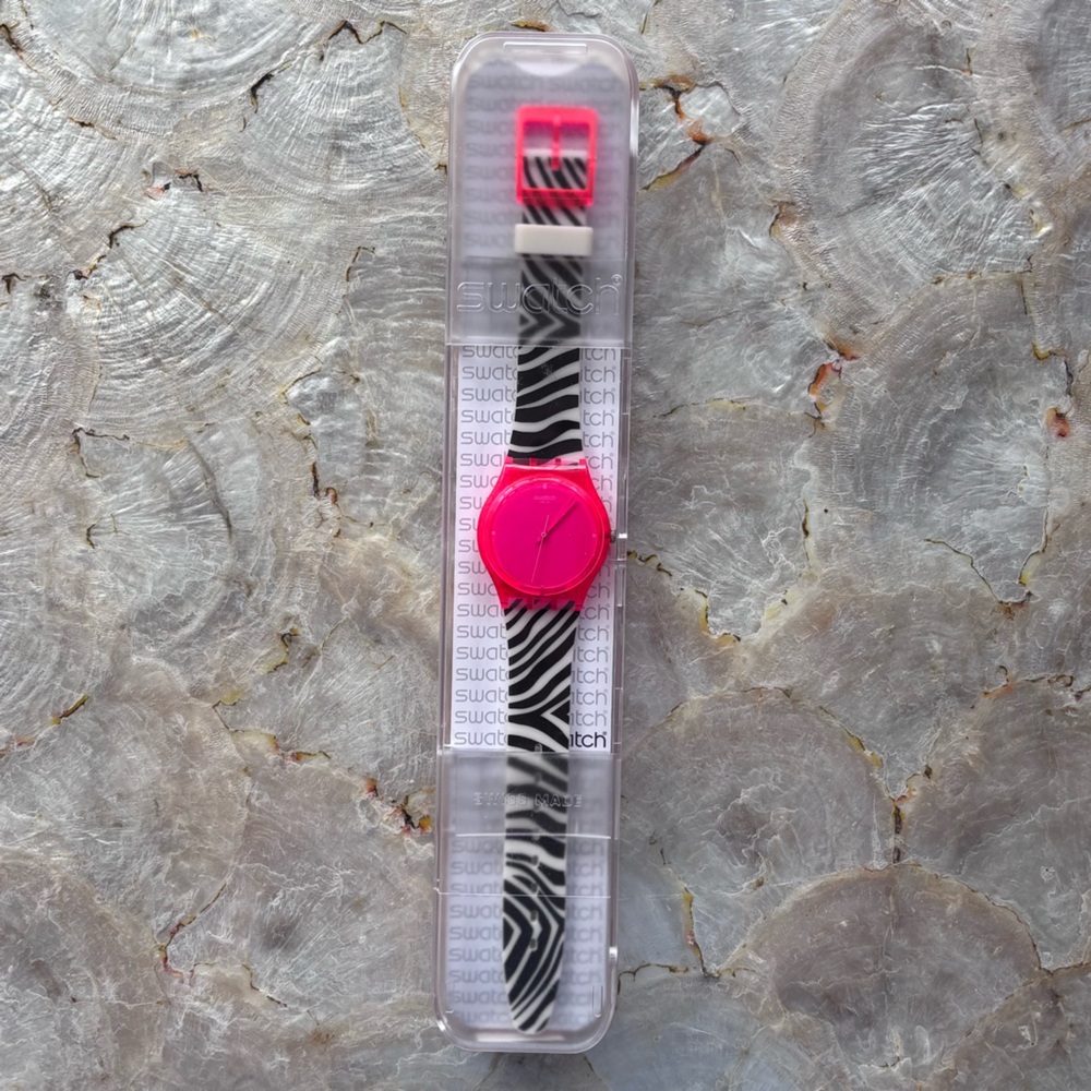 Swatch Zebra Pattern Watch with Pink Highlights